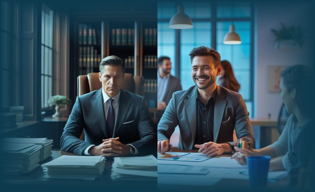 Perbedaan Boss dan Leader di dunia kerja modern, ilustrasi atasan sebagai pengawas vs pemimpin inspiratif