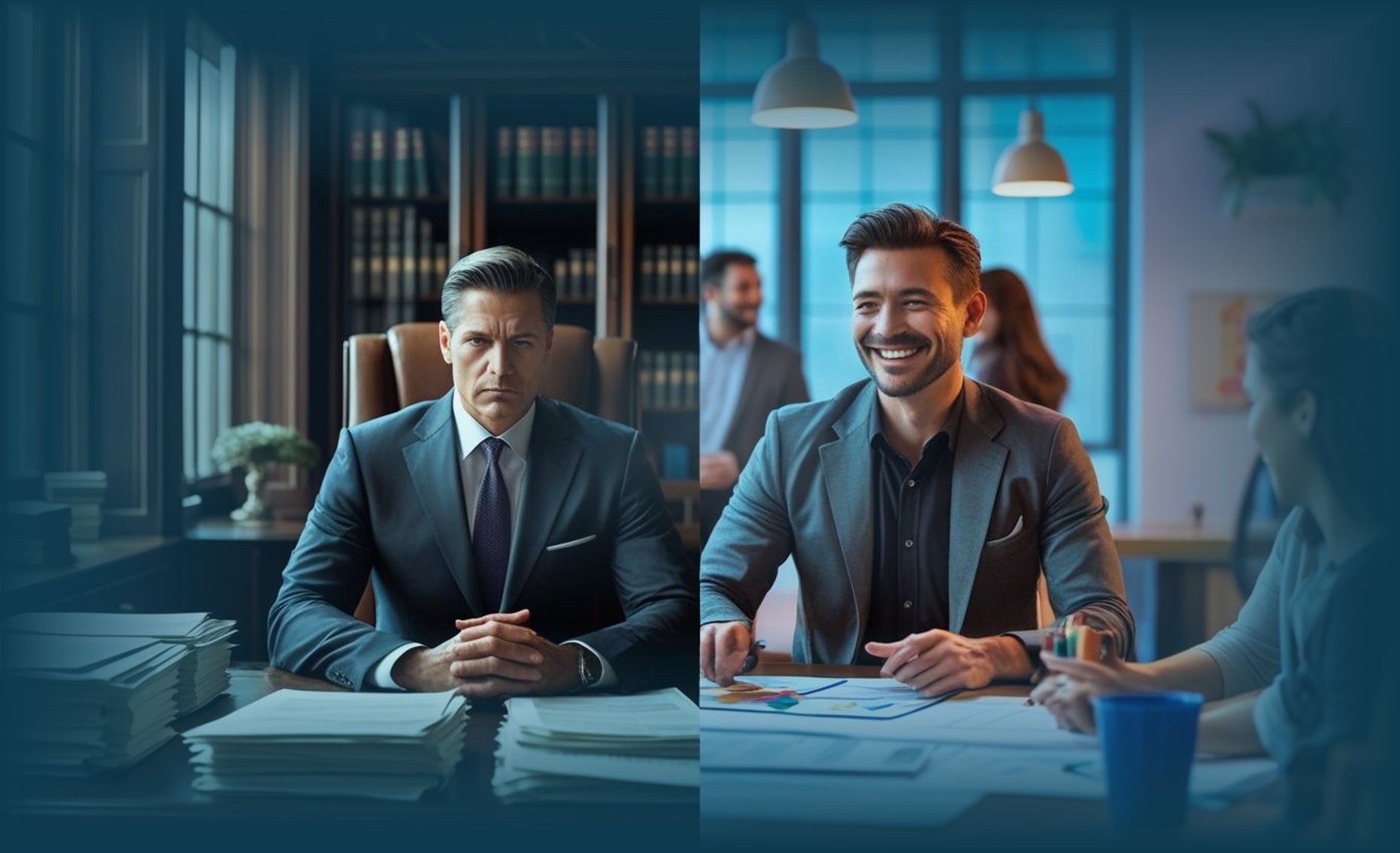 Perbedaan Boss dan Leader di dunia kerja modern, ilustrasi atasan sebagai pengawas vs pemimpin inspiratif
