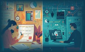 Perbandingan time management tradisional dengan produktivitas modern menggunakan AI di kantor