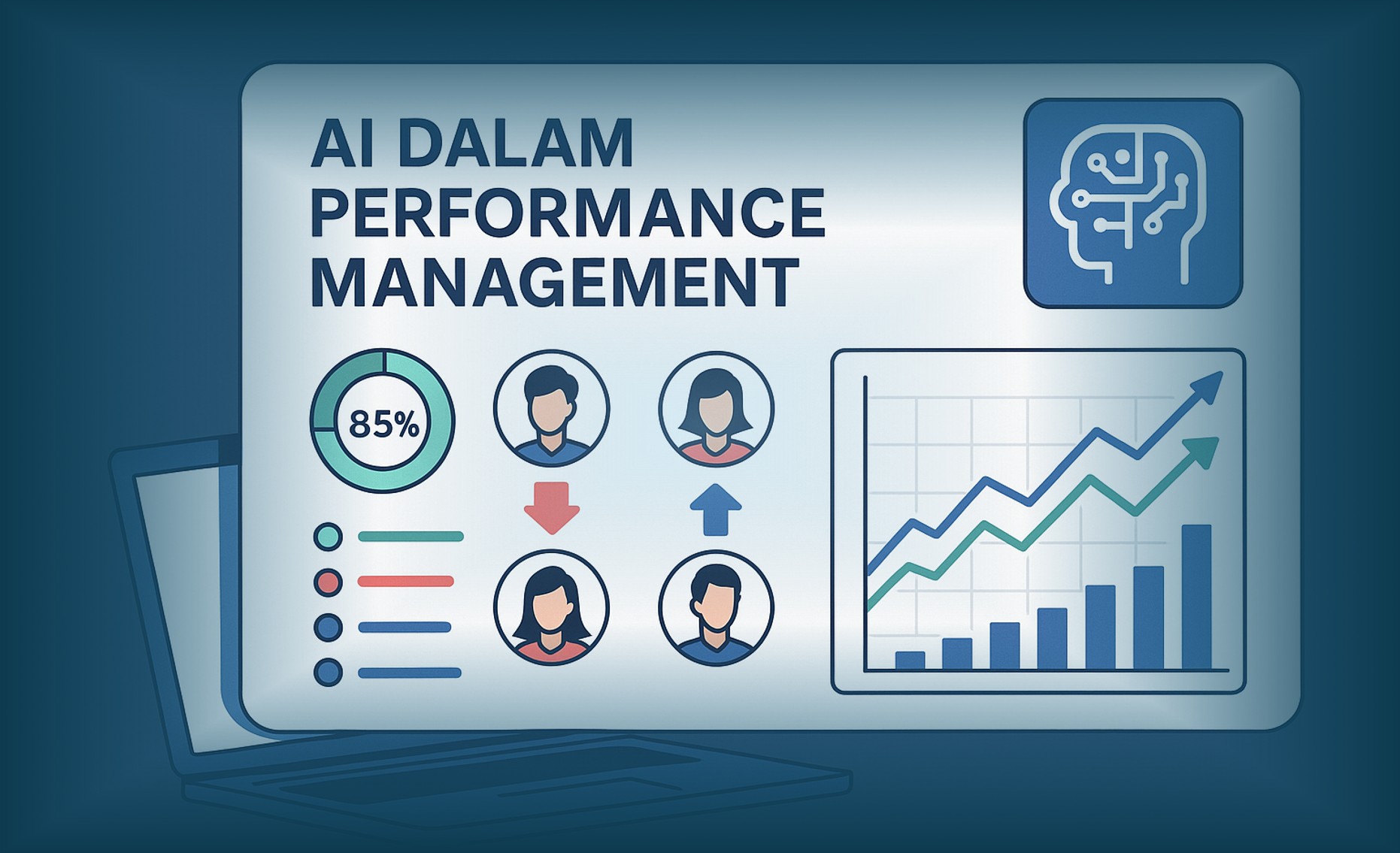 Ilustrasi AI dalam performance management menampilkan dashboard real-time untuk memantau kinerja karyawan berbasis data
