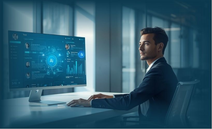 HR menggunakan AI dalam rekrutmen untuk menganalisis data kandidat di dashboard digital