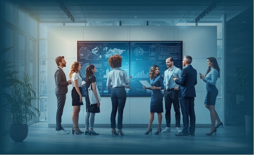 Tim kerja modern berdiskusi di depan layar digital sebagai simbol penerapan Change Management di era transformasi organisasi.