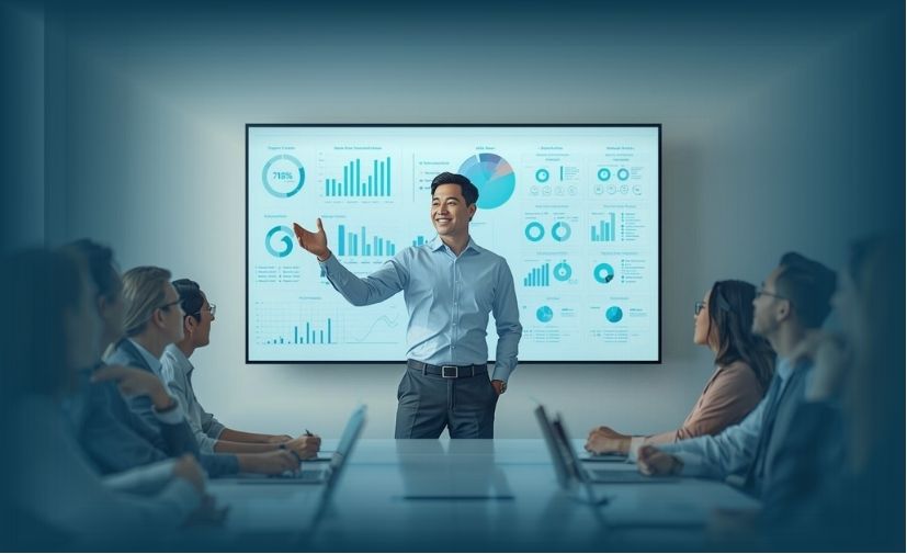Ilustrasi pemimpin menjelaskan strategi change management kepada tim di kantor modern