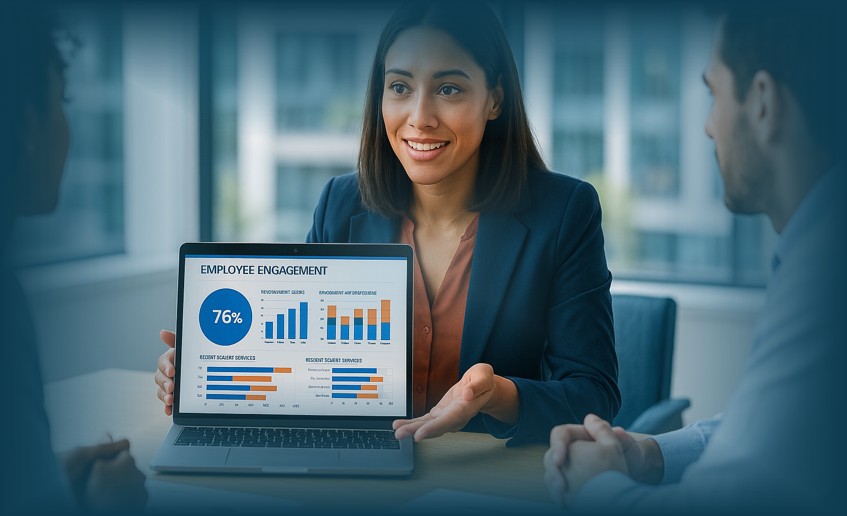 Infografik lima sumber utama data employee engagement dalam HR: survei, pelatihan, kolaborasi digital, kinerja, dan penghargaan