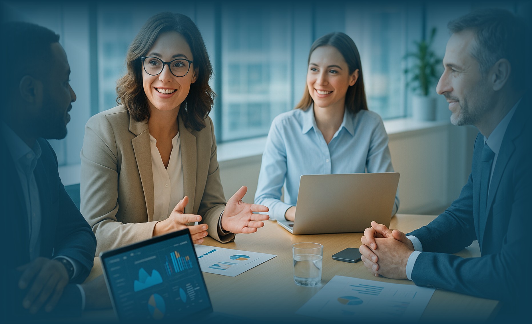 Tim HR berdiskusi dengan manajemen tentang strategi bisnis di ruang meeting modern, menggambarkan peran HR dalam perusahaan yang strategis