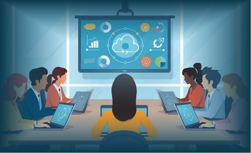 Karyawan mengikuti pelatihan berbasis teknologi menggunakan laptop dan platform digital di kantor