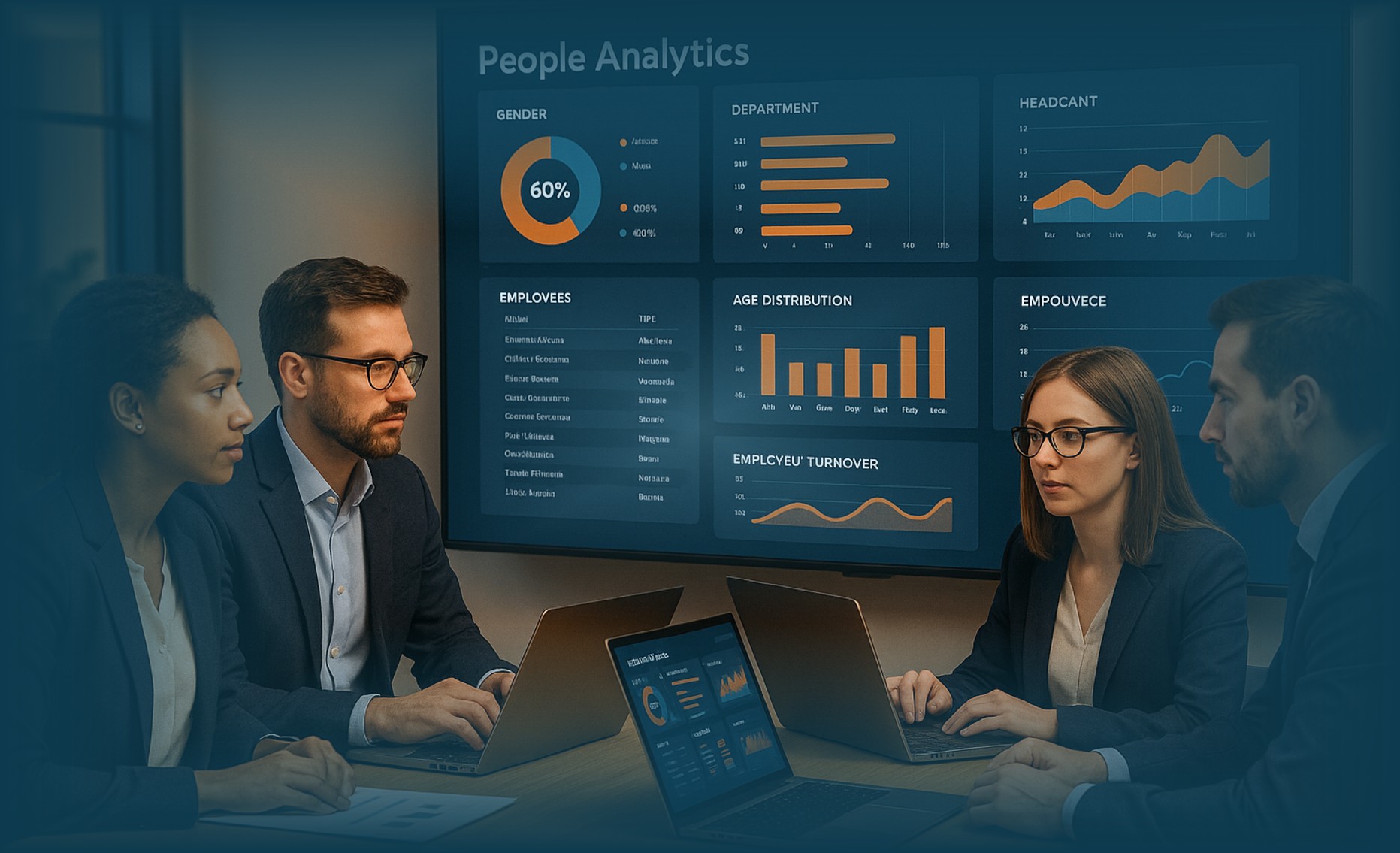 Tim HR menganalisis dashboard People Analytics di kantor modern untuk memahami data karyawan dan produktivitas