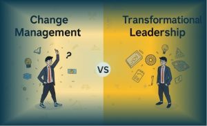 Visual perbandingan manajemen perubahan dan kepemimpinan transformasional dalam organisasi modern