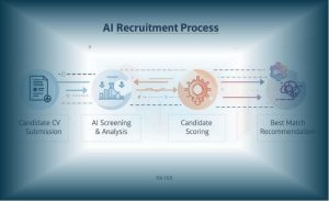 Diagram proses AI dalam rekrutmen mulai dari screening CV otomatis hingga pemilihan kandidat terbaik