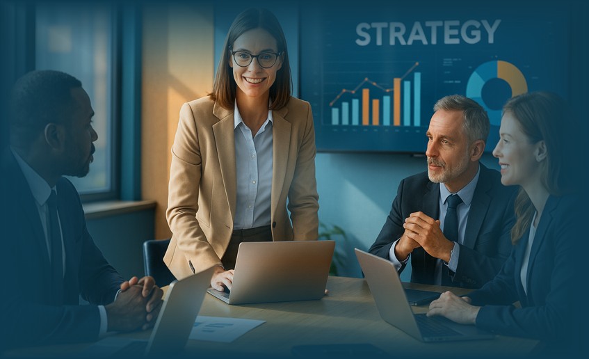 Tim HR dan manajemen berdiskusi strategi bisnis dalam konsep Strategic HR Partnering di kantor modern.