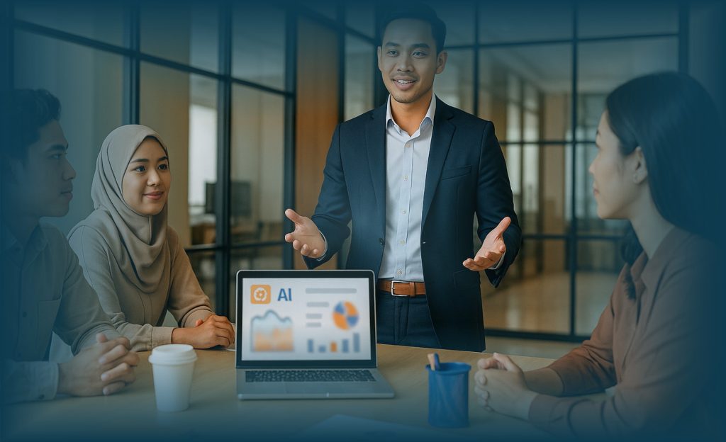 Leader dan tim kantor Indonesia berdiskusi di ruang meeting dengan laptop berbasis AI, menggambarkan Kepemimpinan Era Digital