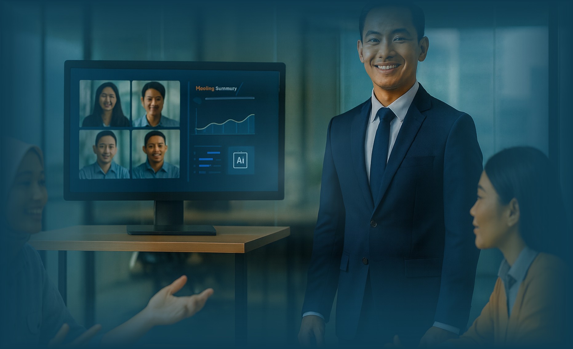 Indonesian office leader facilitating AI-Human Collaboration in a hybrid team meeting, combining human intuition with AI-generated insights