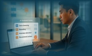 Team member reviewing AI output as part of AI-Human Collaboration workflow before leader approval in corporate office environment