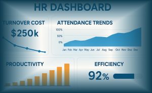 Dashboard HRD berisi data turnover cost, absensi, dan produktivitas sebagai dasar analisis strategis.