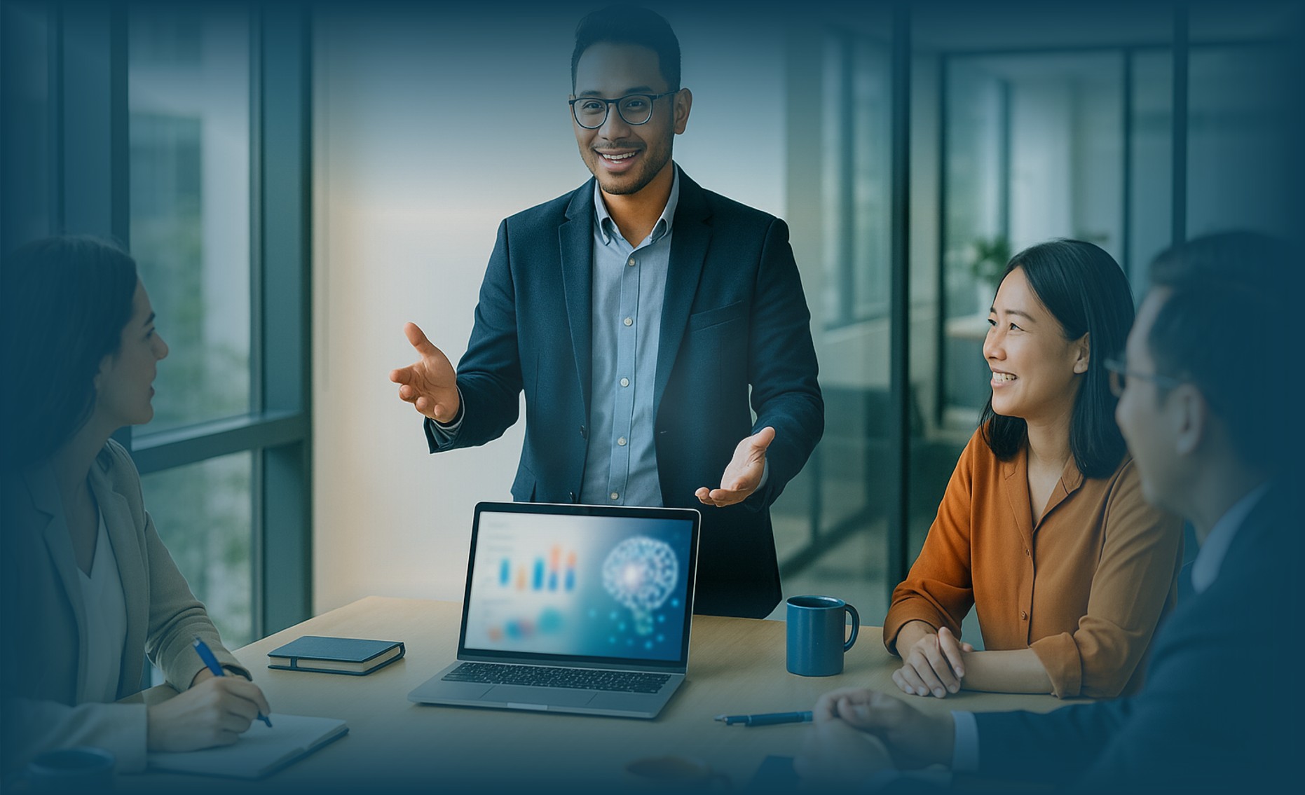 Pemimpin digital Indonesia memimpin meeting dengan pendekatan Data-Driven Decision Making dan empati tim