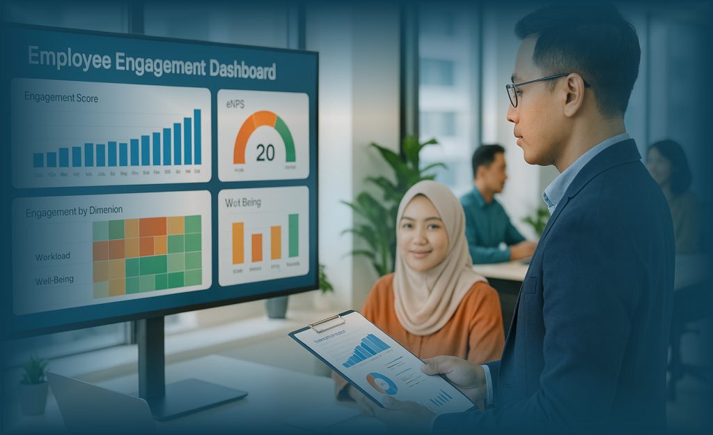 HRD Indonesia menganalisis Employee Engagement Dashboard dengan grafik eNPS, tingkat keterlibatan karyawan, dan data produktivitas di kantor modern