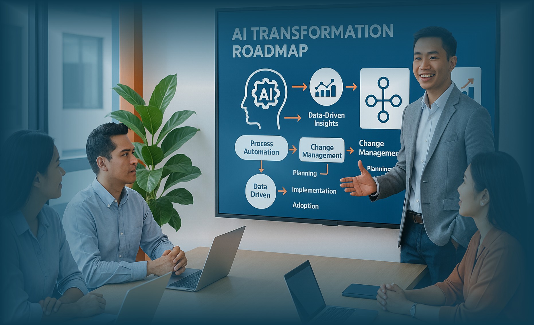 Tim kantor sedang membahas roadmap AI dalam sesi Change Management untuk mendukung transformasi digital perusahaan.