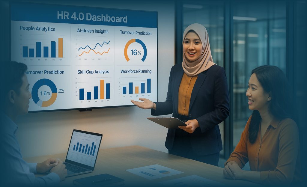Dashboard HR 4.0 menampilkan people analytics, AI insights, dan data karyawan untuk mendukung keputusan HR.