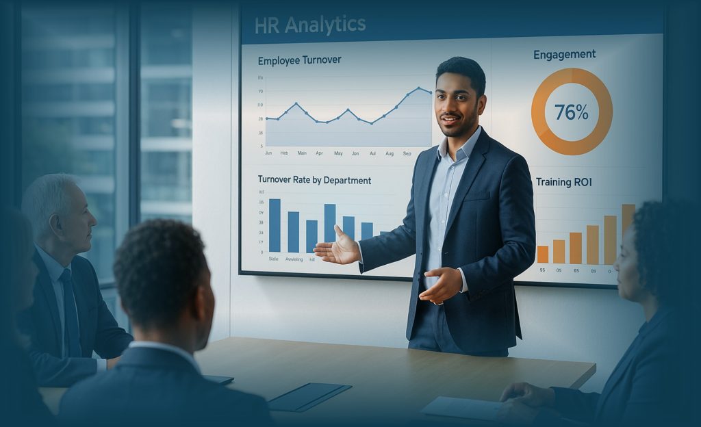 Manajer HR mempresentasikan dashboard HR Analytics untuk pengambilan keputusan berbasis data di perusahaan.