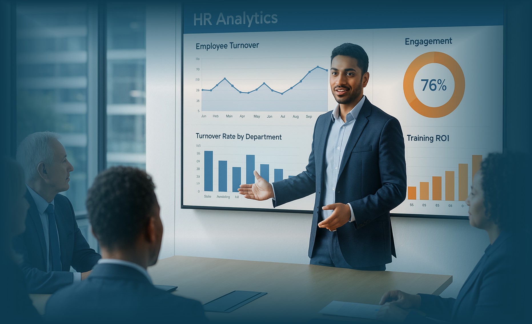 Manajer HR mempresentasikan dashboard HR Analytics untuk pengambilan keputusan berbasis data di perusahaan.