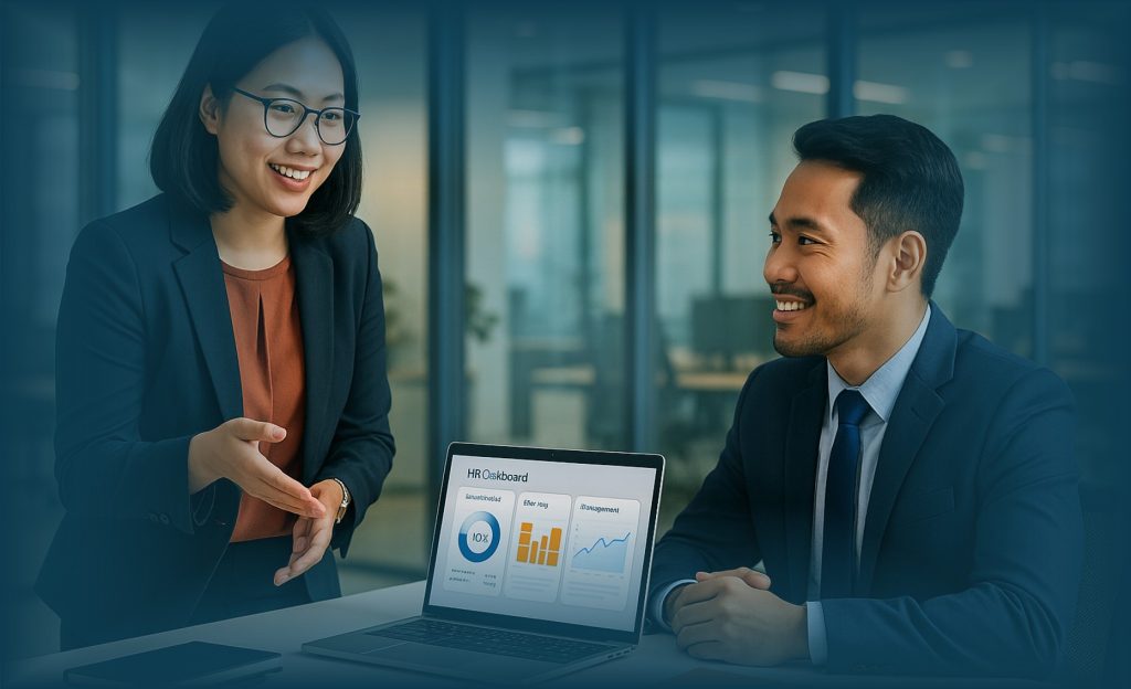 HR Business Partner berdiskusi dengan manager menggunakan dashboard HR di kantor modern.