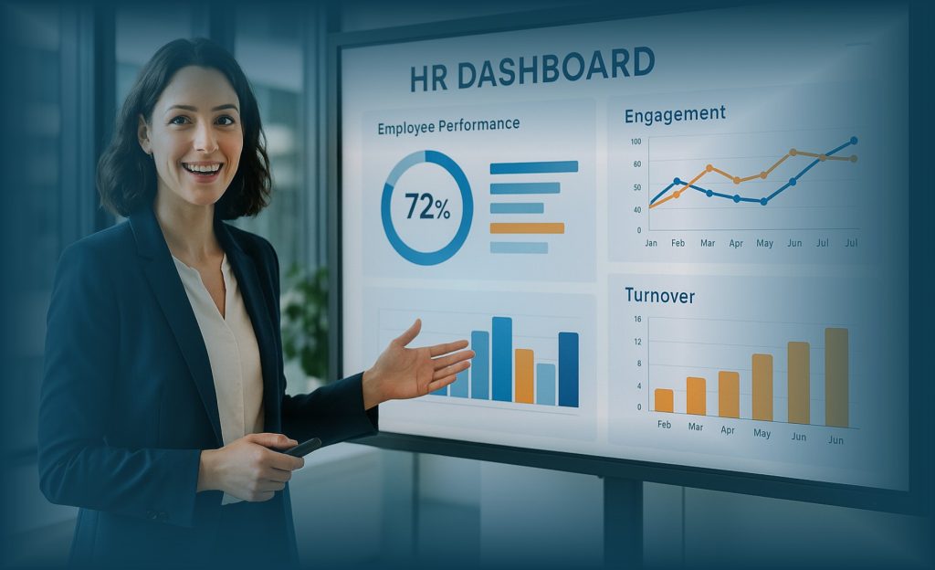 HR professional presenting digital HR transformation dashboard in modern office.