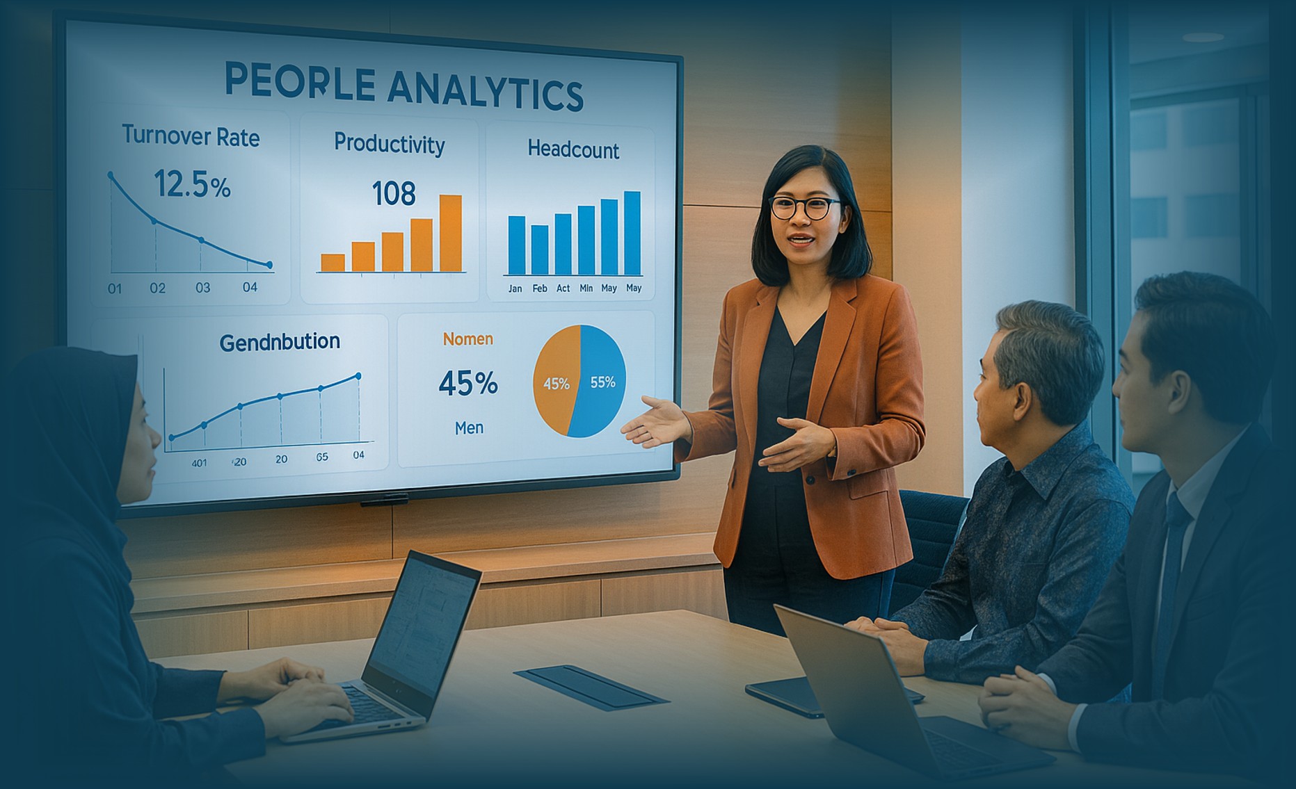 HRD mempresentasikan data People Analytics dan KPI bisnis kepada direksi untuk menunjukkan nilai strategisnya.