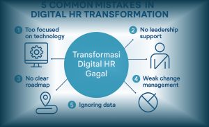 Infografik lima kesalahan umum dalam transformasi digital HR yang menyebabkan kegagalan implementasi di perusahaan.
