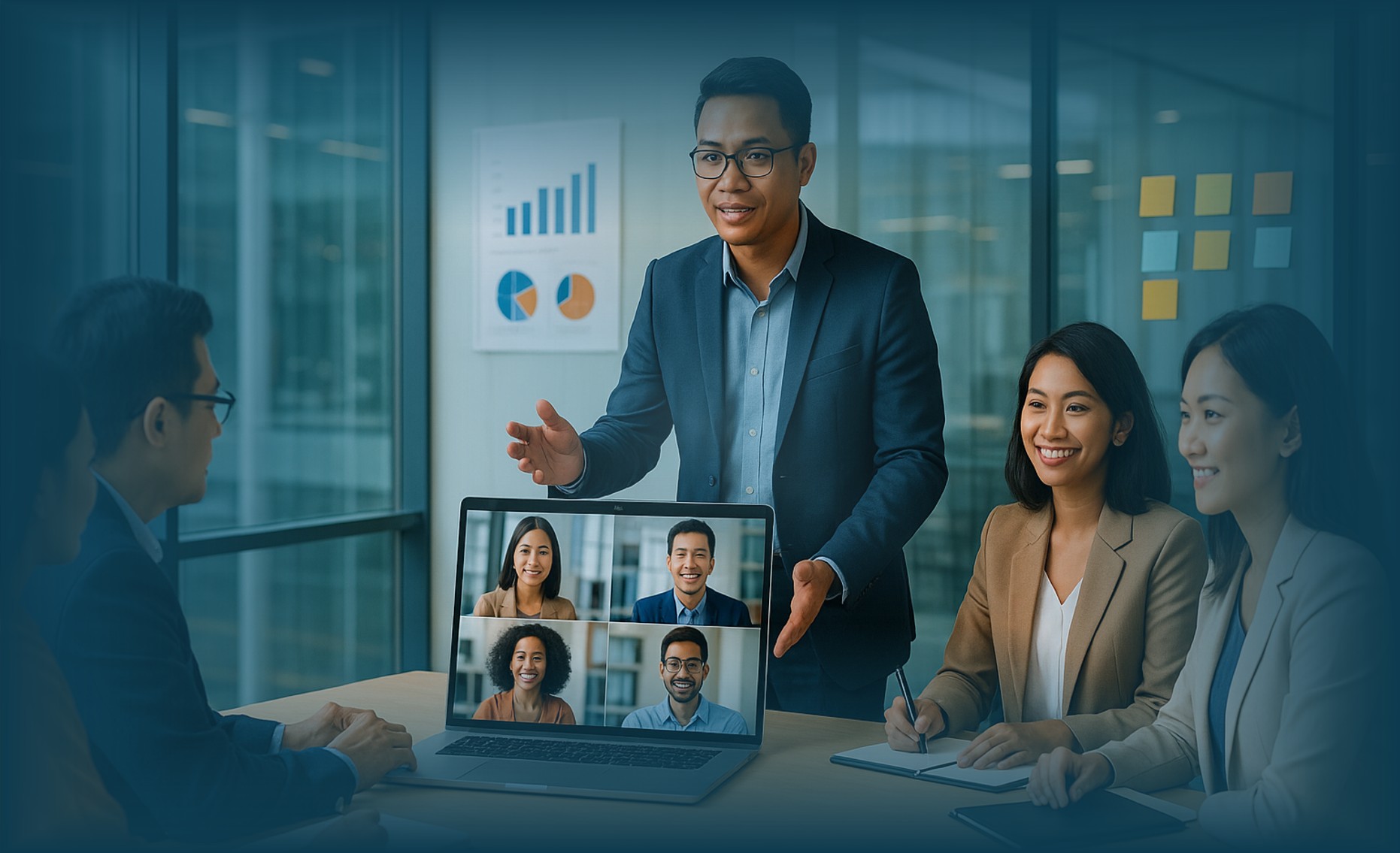 Pemimpin menerapkan Kepemimpinan Adaptif di era digital dengan memimpin diskusi hybrid dan kolaboratif di kantor modern