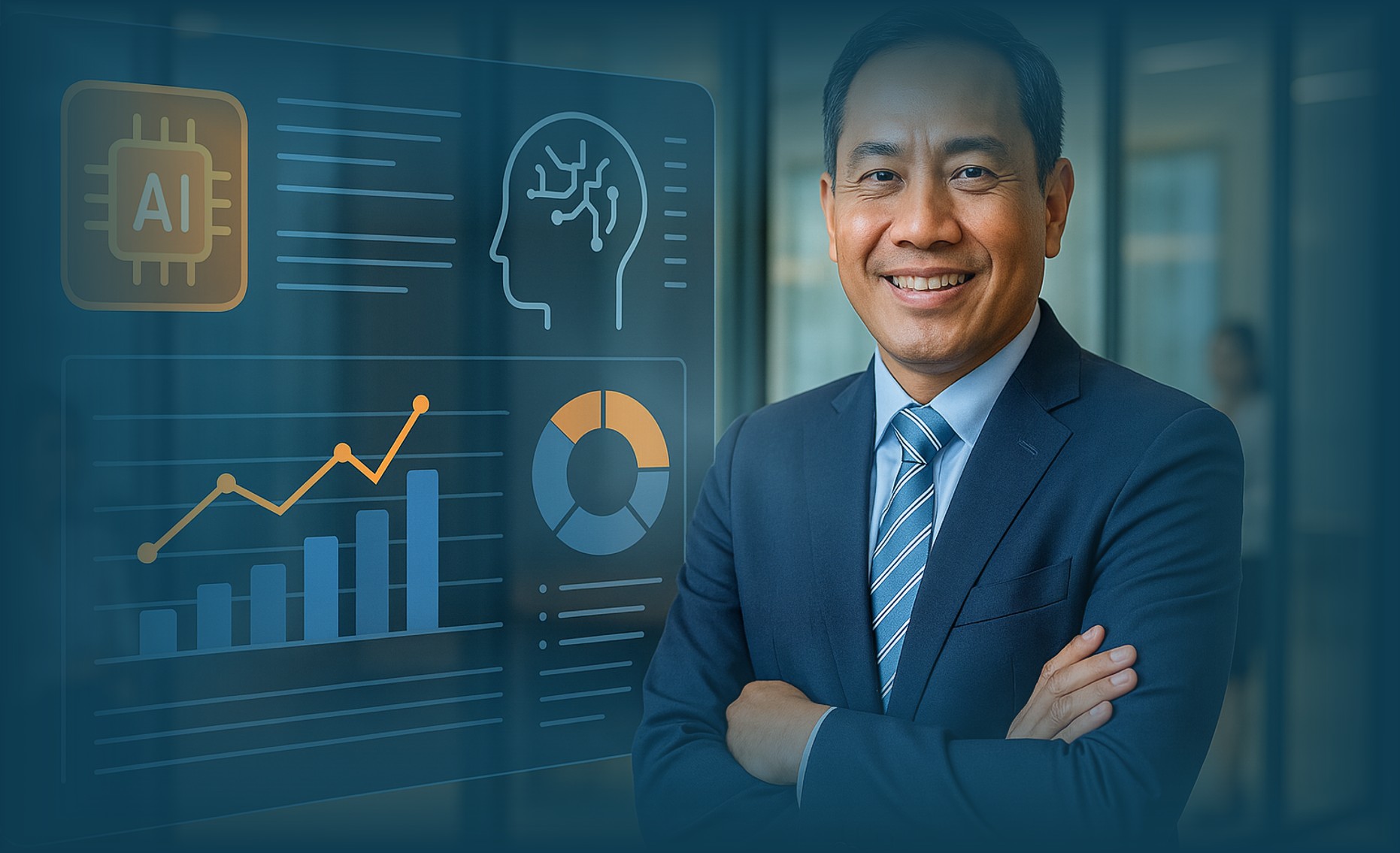 Pemimpin masa kini memanfaatkan kecerdasan buatan dan data dalam Kepemimpinan Era AI di kantor modern Indonesia