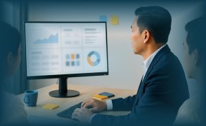 Pemimpin kantor Indonesia mereview insight dashboard berbasis AI (blur/placeholder) sebagai contoh praktik Kepemimpinan Era Digital