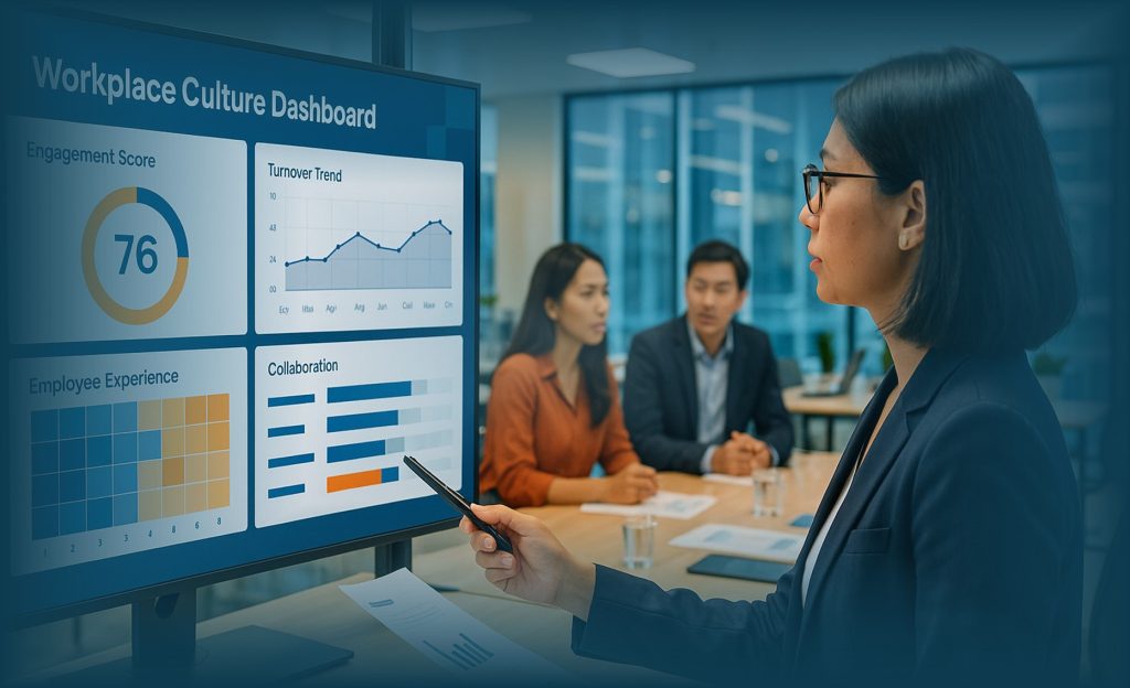 HRD menganalisis data Budaya Kerja melalui dashboard employee experience di kantor modern