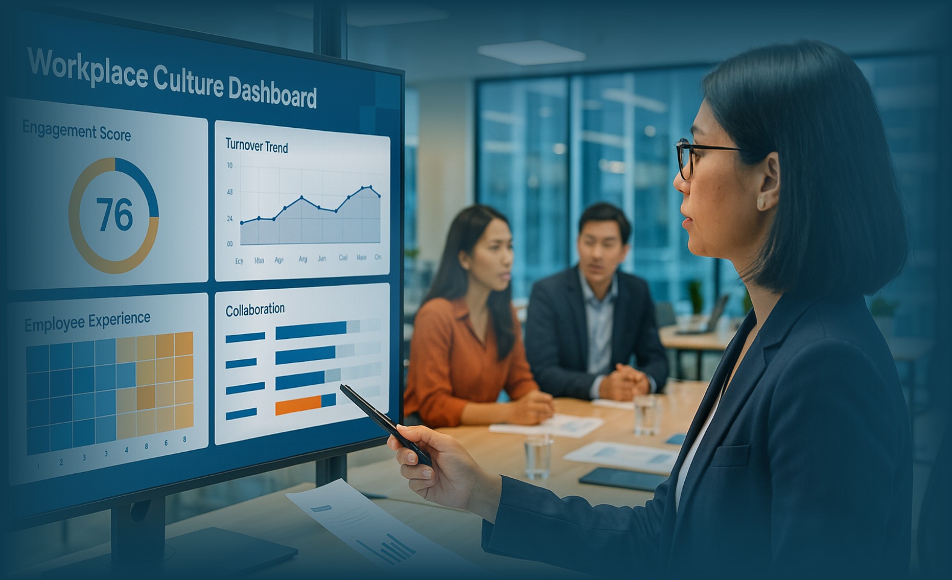 HRD menganalisis data Budaya Kerja melalui dashboard employee experience di kantor modern