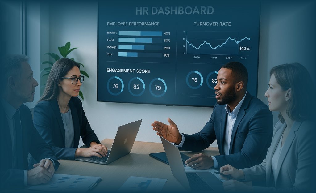 Tim HR sedang menganalisis data karyawan menggunakan dashboard People Analytics di kantor modern