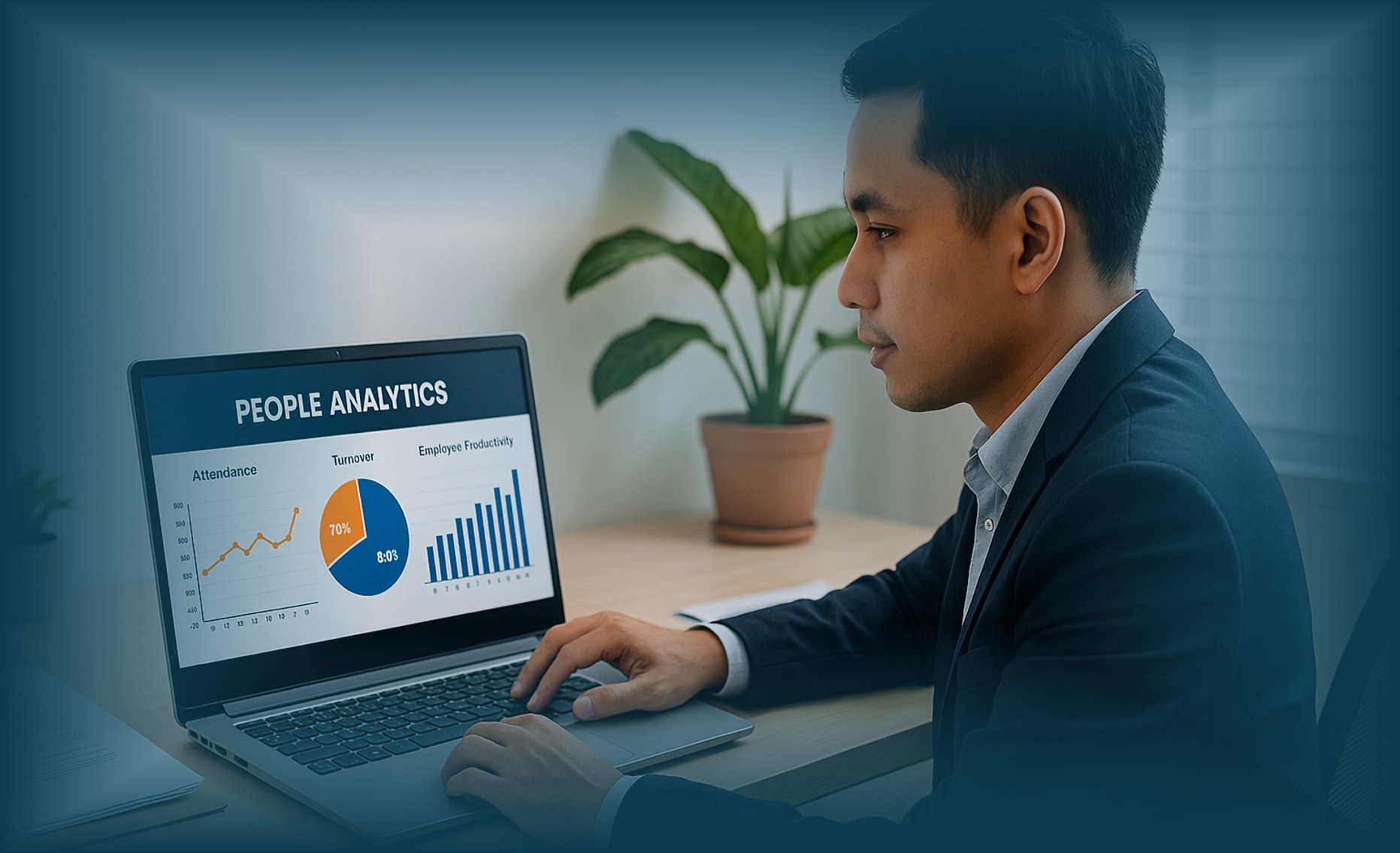Ilustrasi HRD UKM sedang menganalisis dashboard People Analytics untuk melihat absensi, turnover, dan produktivitas karyawan.