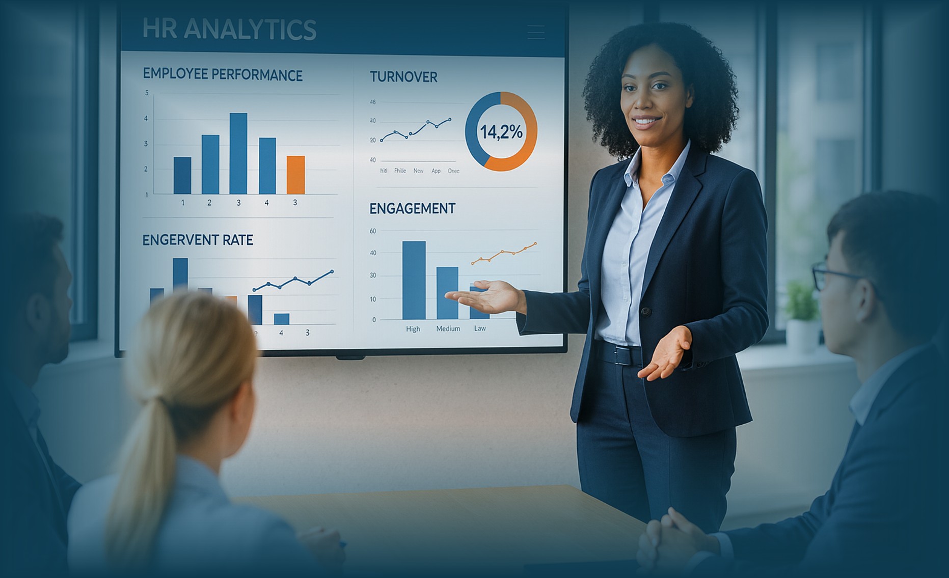 HR profesional mempresentasikan dashboard HR Analytics di kantor modern, simbol transformasi menuju peran strategis HRD.