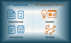 Infografis perbedaan antara HR Tradisional dan HR Business Partner dalam tugas dan fokus kerja.