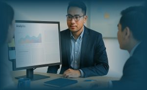 Pemimpin modern meninjau dashboard analytics menggunakan prinsip Data-Driven Decision Making sambil berdiskusi dengan empati