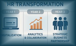 Infografik roadmap tiga tahun transformasi HRD menuju peran strategis, menampilkan tahapan digitalisasi, analisis data, dan kolaborasi bisnis.