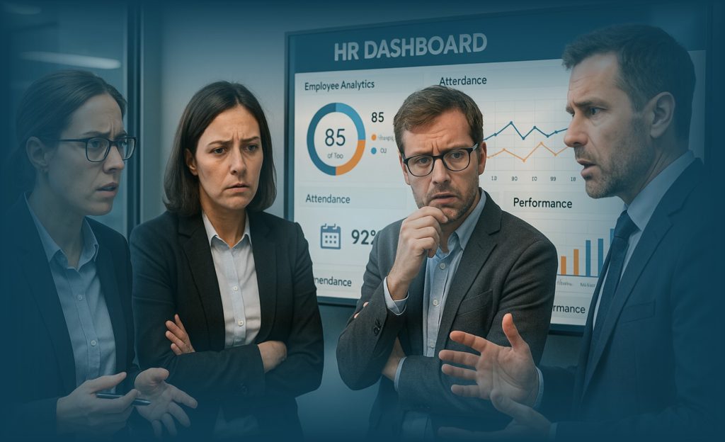 Tim HR berdiskusi di depan dashboard digital HR untuk membahas tantangan transformasi digital HR di perusahaan