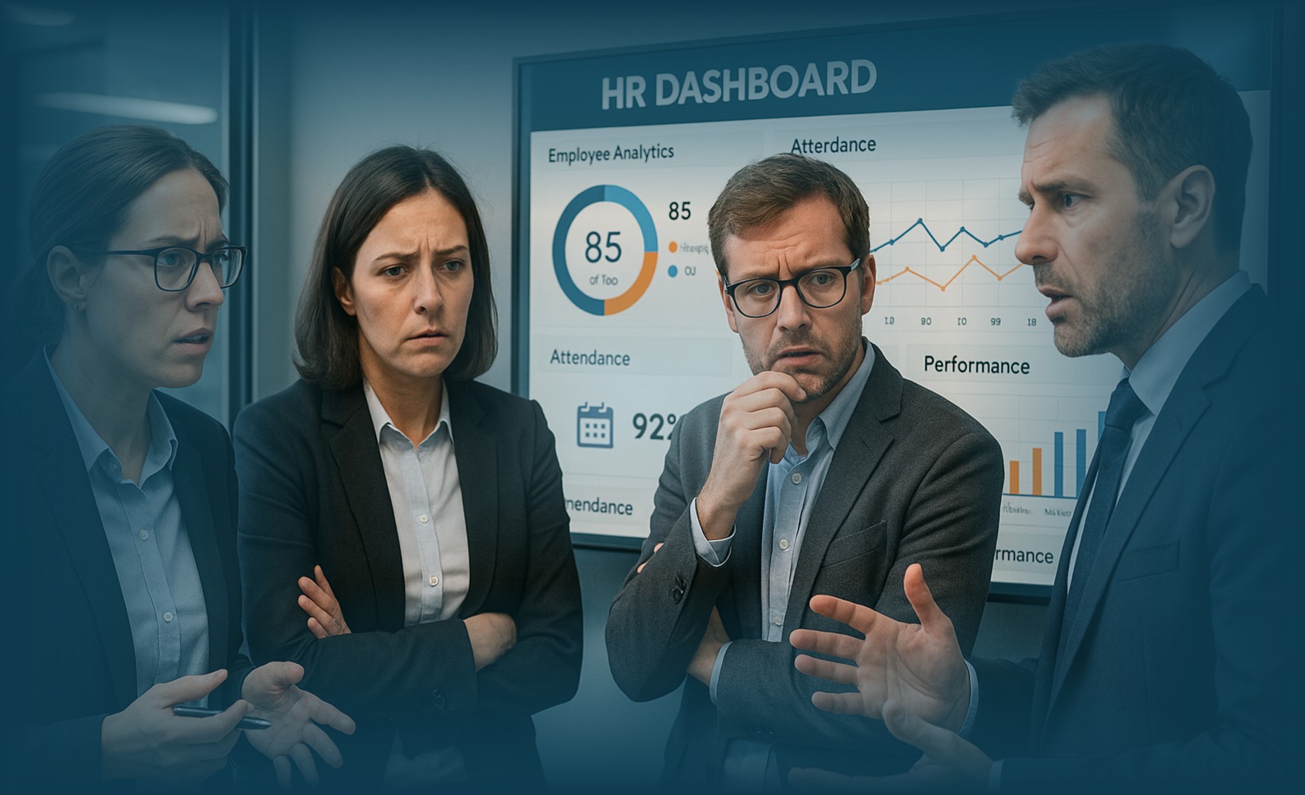 Tim HR berdiskusi di depan dashboard digital HR untuk membahas tantangan transformasi digital HR di perusahaan