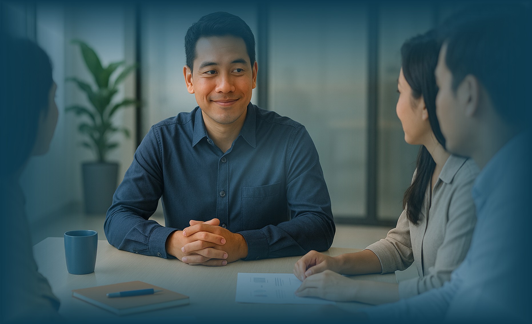 Pemimpin kantor Indonesia sedang mendengarkan tim dengan empati sebagai contoh Emotional Intelligence dalam kepemimpinan modern
