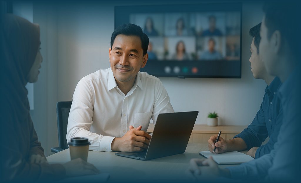 Pemimpin menunjukkan empati saat memimpin meeting hybrid di kantor modern.