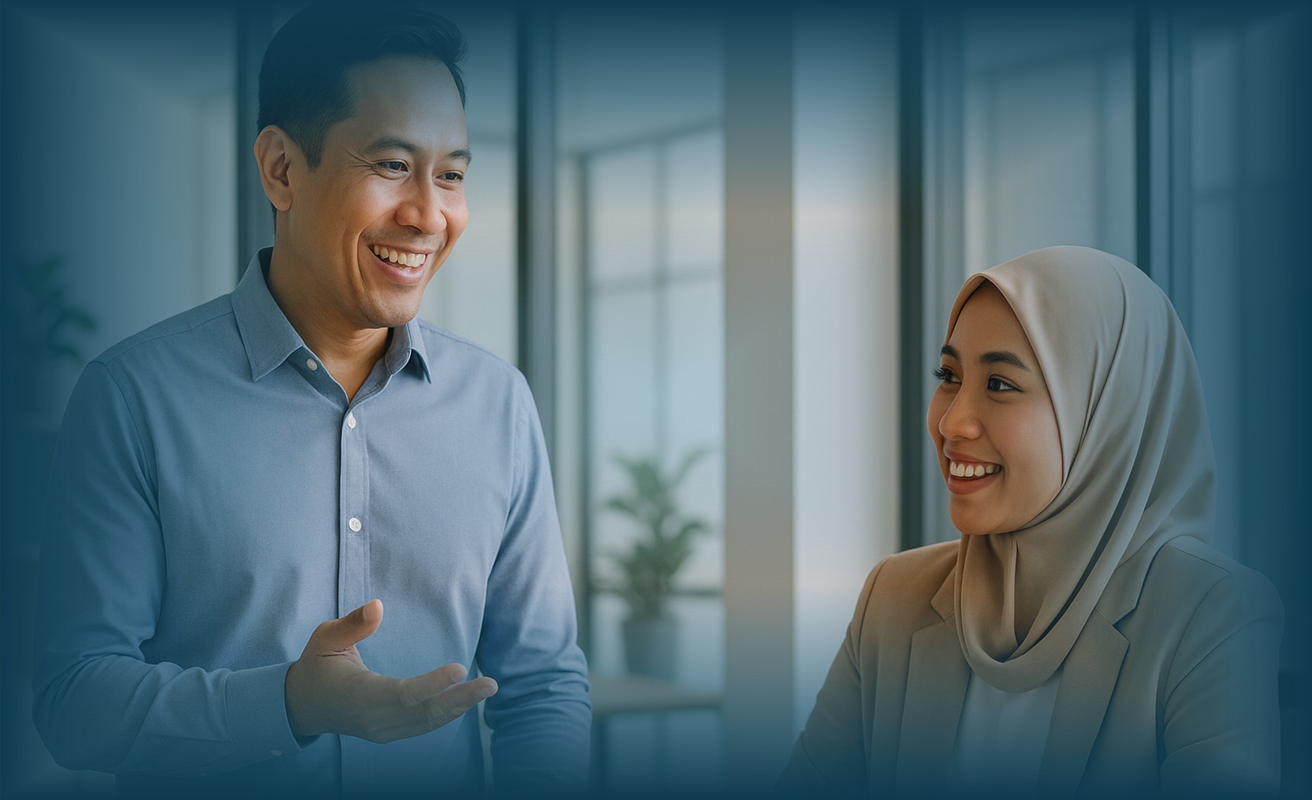 Pemimpin sedang melakukan komunikasi autentik dengan anggota tim dalam suasana kantor modern