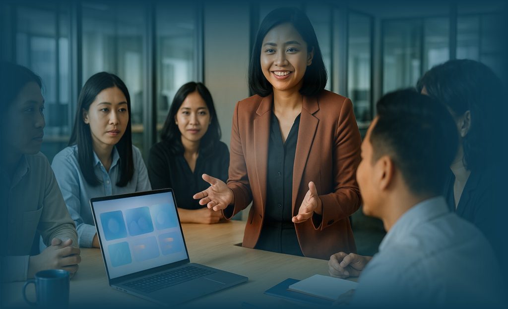 Pemimpin modern di kantor Indonesia sedang memimpin diskusi menggunakan AI insights sebagai bagian dari Leadership 5.0