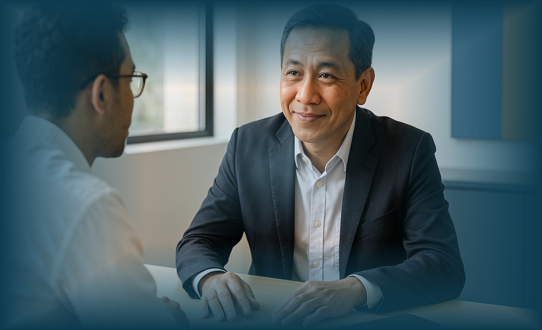 Pemimpin sedang melakukan sesi Leadership Coaching 1-on-1 dengan karyawan di kantor modern Indonesia, menunjukkan komunikasi dua arah dan pendekatan coaching.