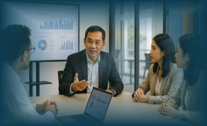 Pemimpin memfasilitasi diskusi tim menggunakan pendekatan Leadership Coaching di ruang meeting kantoran modern.