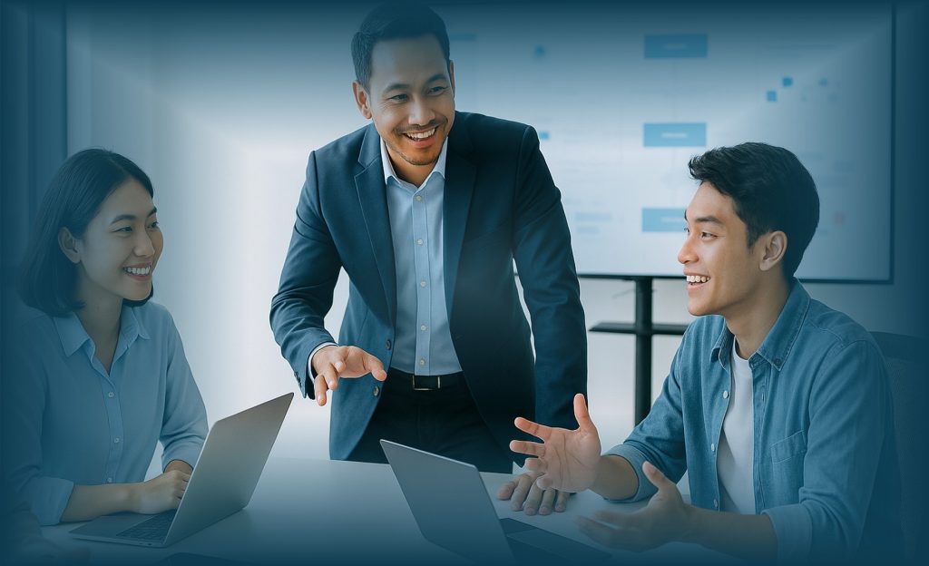 Leader perusahaan sedang berdiskusi dengan Generasi Z di dunia kerja dalam suasana kantor modern