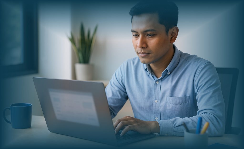Pegawai kantor modern Indonesia sedang melakukan self-learning dengan layar laptop yang buram, menggambarkan peningkatan produktivitas harian.