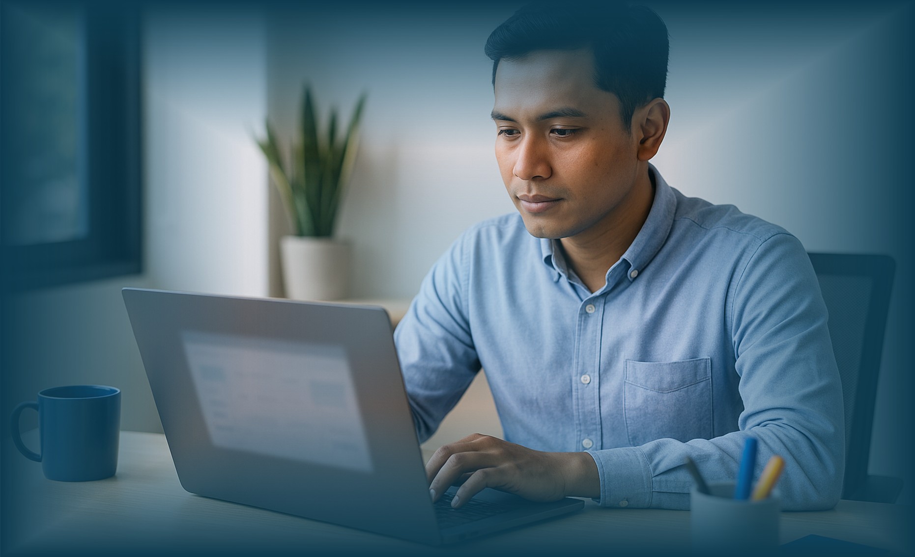 Pegawai kantor modern Indonesia sedang melakukan self-learning dengan layar laptop yang buram, menggambarkan peningkatan produktivitas harian.